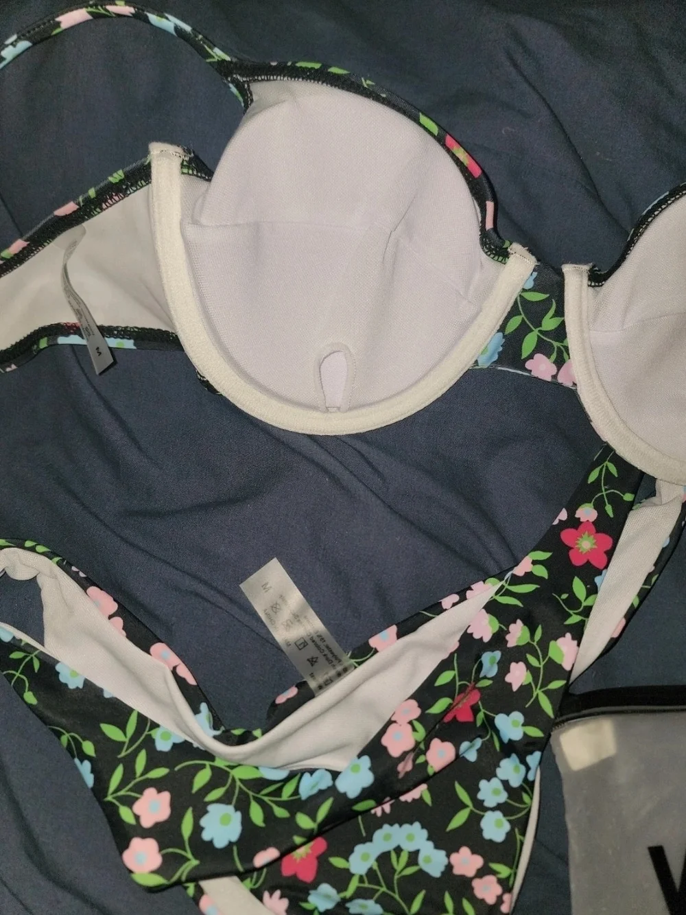Black Floral Two-Piece Swim Set with Pink & Light Blue Flowers Size Medium